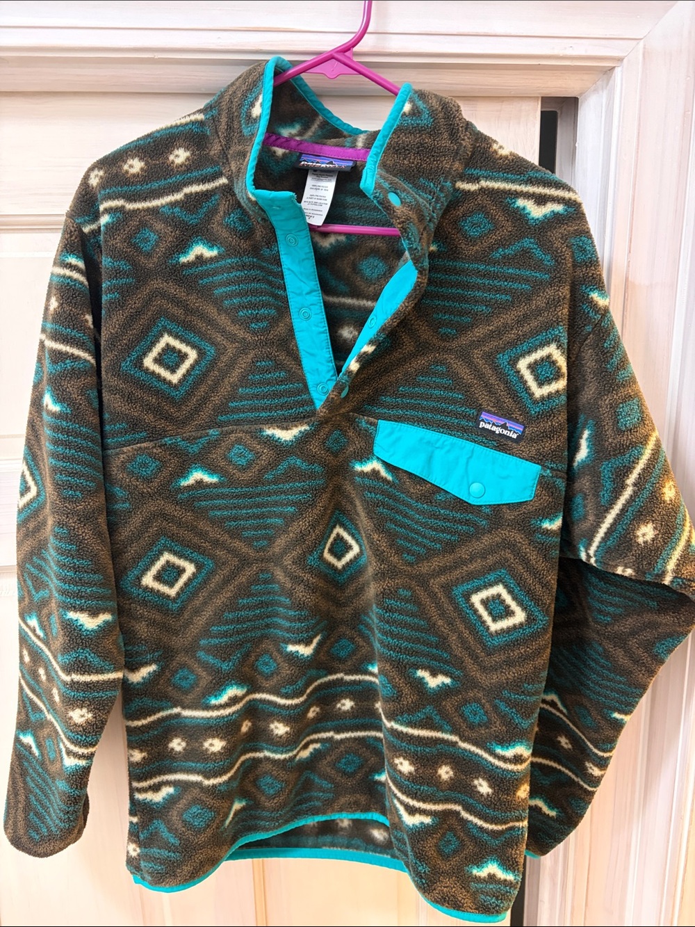Patagonia Brown & Teal Geometric Snap-T Fleece Pullover